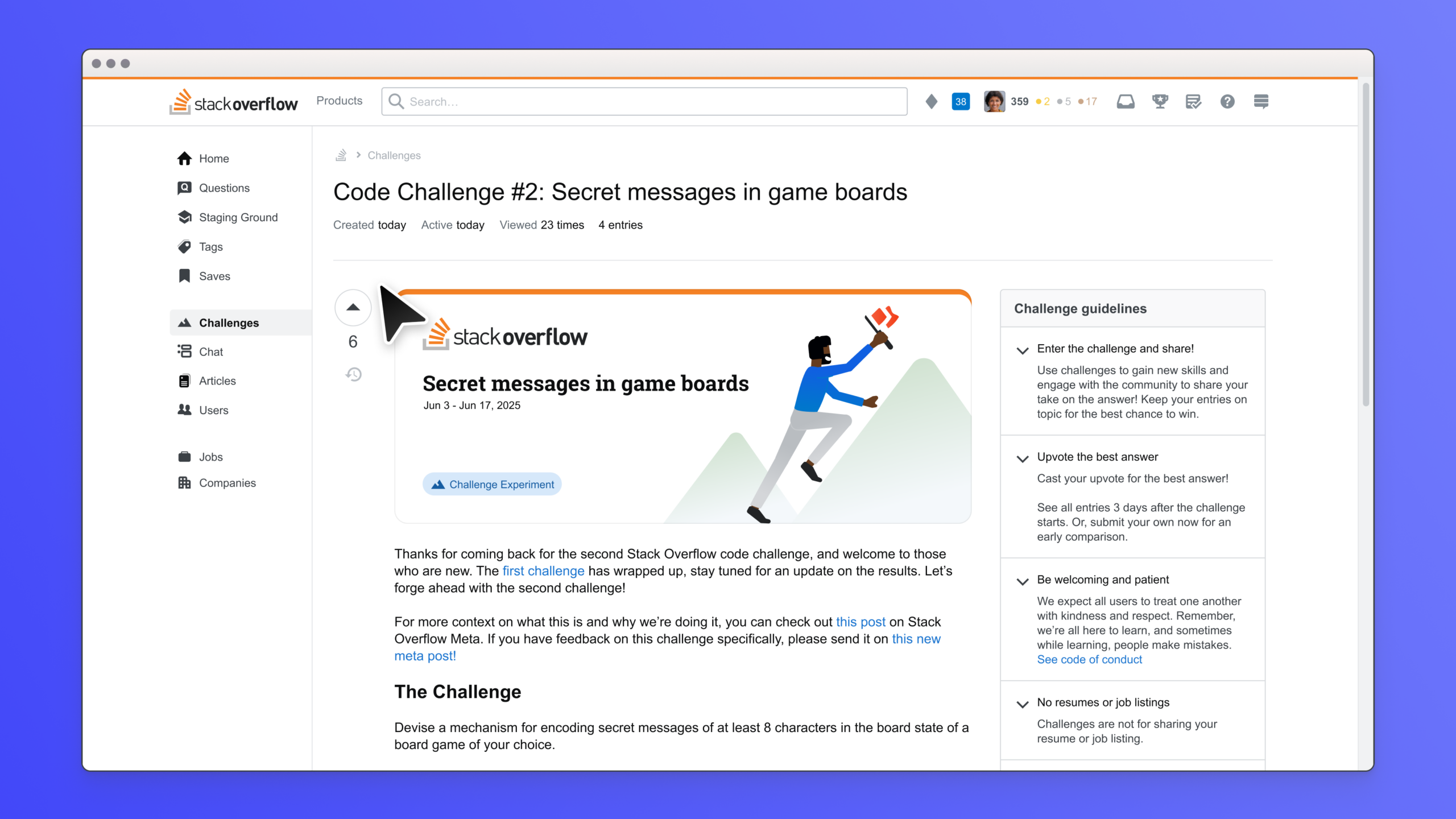 A screenshot of an example coding challenge on stackoverflow.com.