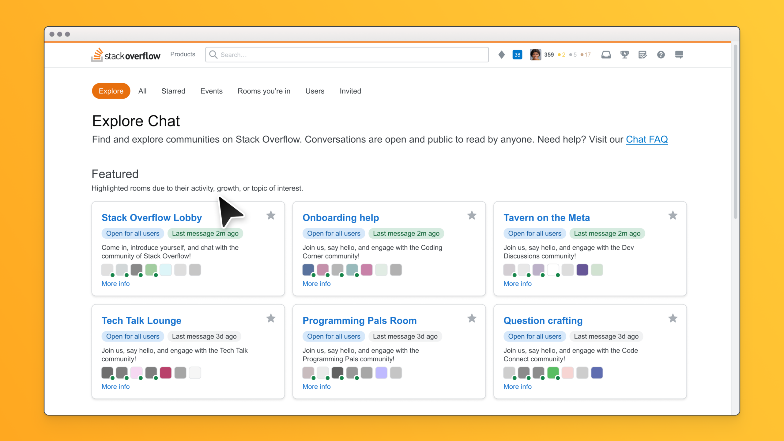 Screenshot of the new lobby design for chat.stackoverflow.com