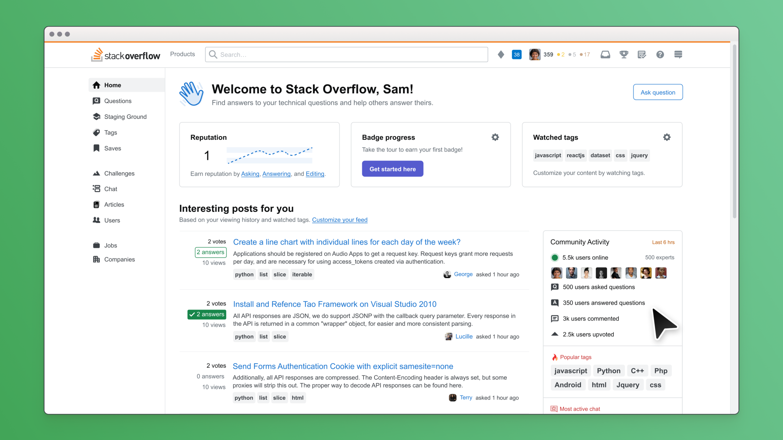 Screenshot showing the new community activity features - live numbers of users on site in a new widget.