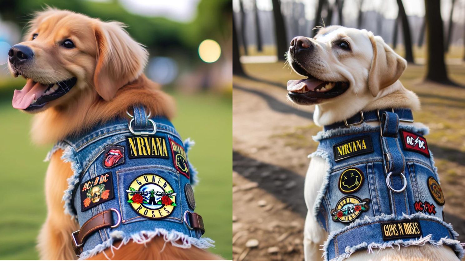 Two dogs (Golden Retriever and Labrador) wearing denim vests with rock band patches (Nirvana, AC/DC, Guns N' Roses).