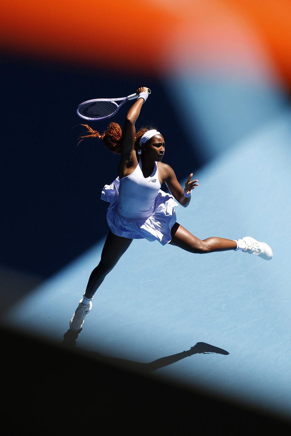 Coco Gauff hits a forehand against Olga Danilovic in their second-round match at the Australian Open in Melbourne. Photo by Darrian Traynor
