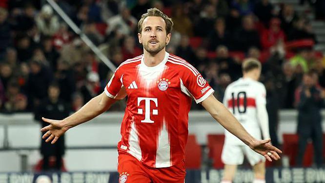 Bayern Munich striker Harry Kane celebrates after scoring against Stuttgart in the Bundesliga on 6 December 2025