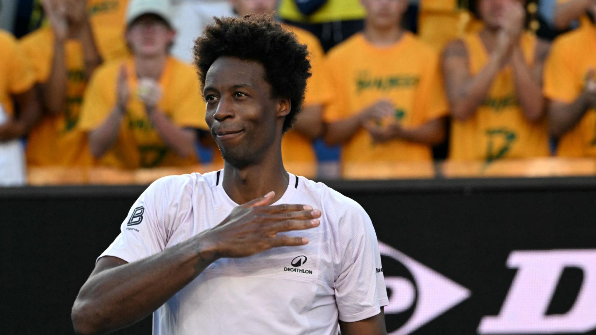 Gael Monfils acknowledges the crowd after his first-round defeat