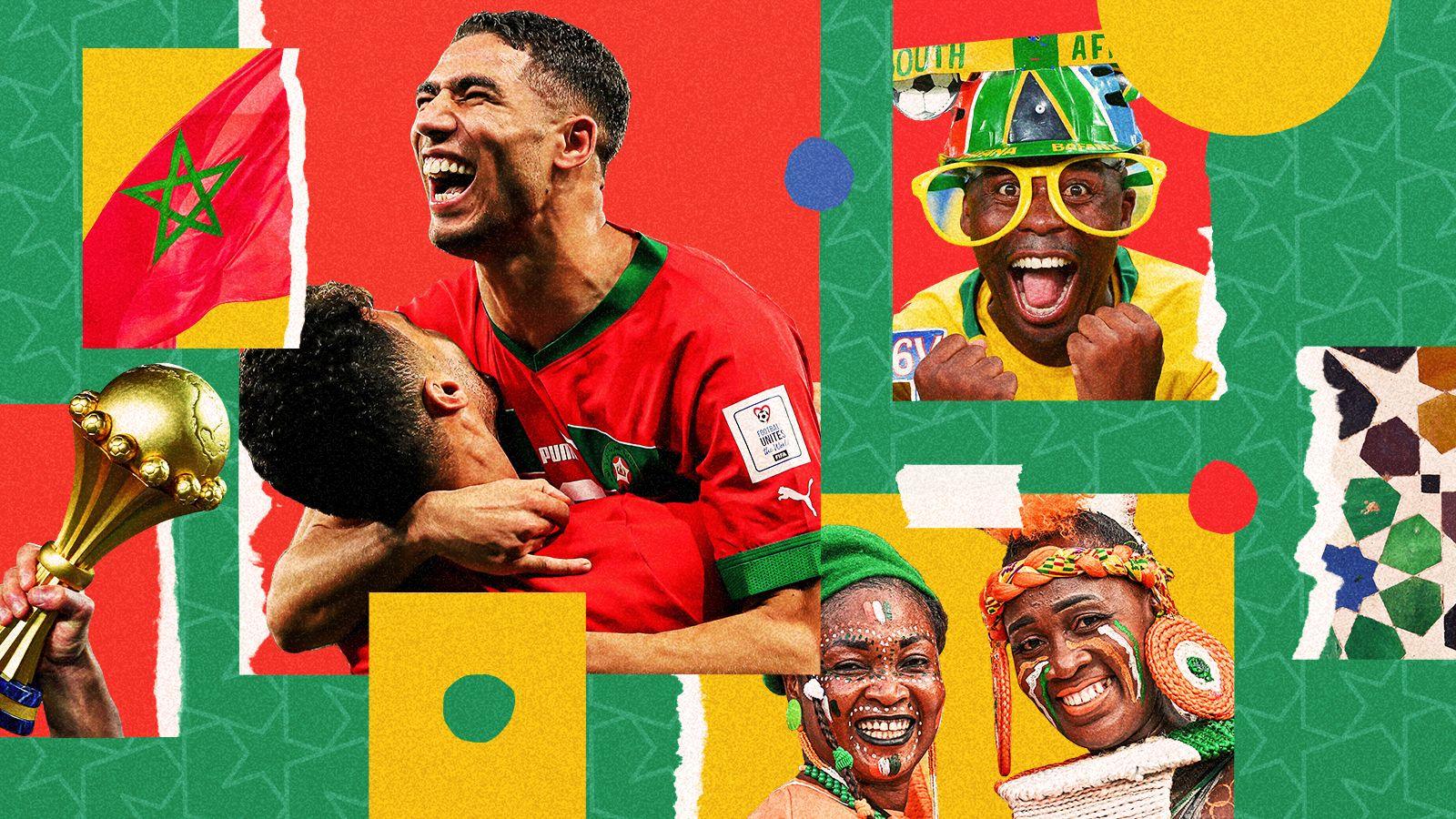 A colourful image showing the Africa Cup of Nations trophy, the Moroccan flag, Achraf Hakimi celebrating a goal, two fans of Ivory Coast and a South Africa supporter