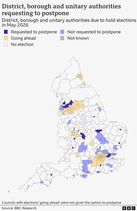 A map of district, borough and unitary authorities in England that have requested to postpone their elections in May 2026. The map also includes those who turned down the opportunity and those areas where elections are going ahead as normal. There are 22 authorities at this level that are requesting to postpone, 29 that have not requested to postpone and 72 that weren’t given the option to postpone and elections are going ahead as normal.