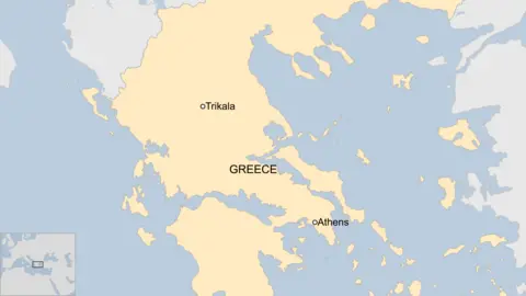 Map showing the cities of Athens and Trikala in Greece
