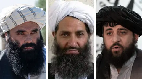AFP / Universal Images Group via Getty Composite image shows headshots of three members of the Taliban - on the left, Taliban Interior Minister Sirajuddin Haqqani, in the centre is Afghan leader Hibatullah Akhundzada and on the right is Acting Defence Minister of Afghanistan Mohammad Yaqoob Mujahid.