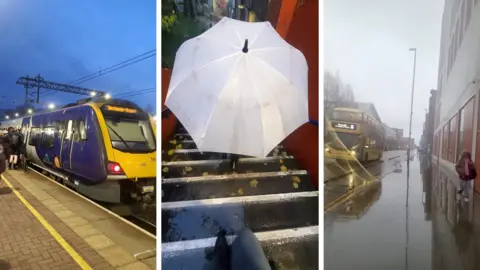 Amelka Zambrzycka A composite image. It shows Amelka's journey to university. The first image is a train on a platform in the dark. The second is a wet set of stairs , someone is walking in front of Amelka with a white umbella. The third is a rainy high street.