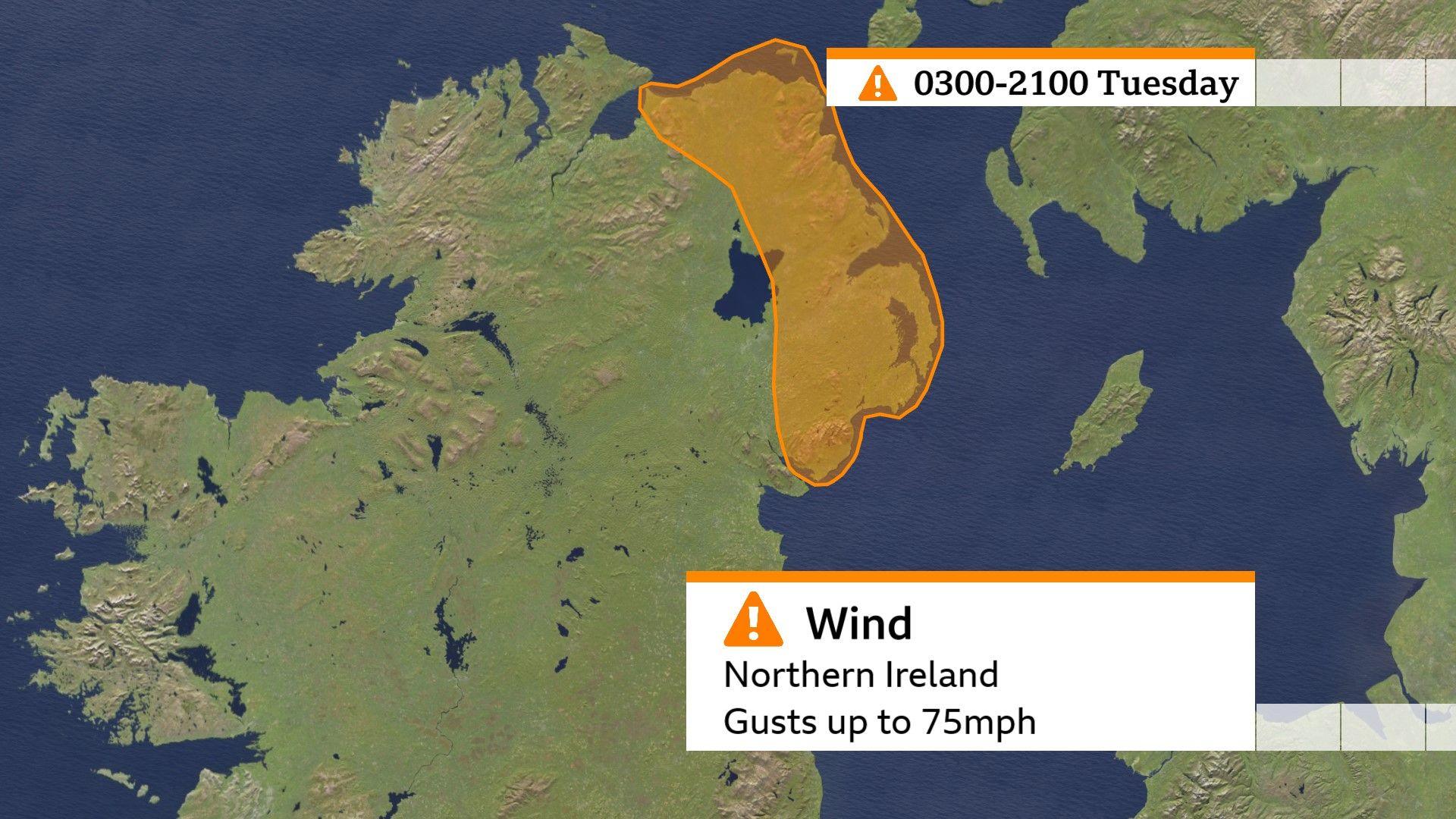 Map of Northern Ireland showing the Met Office amber warning area.