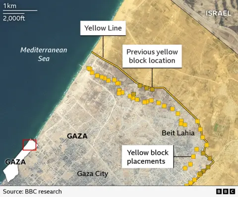 A BBC Graphic showing the movement of yellow blocks in the Beit Lahia area of Gaza.