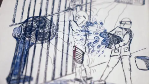 Abu Zubaydah A hand-drawn illustration shows a naked man handcuffed to a railing as a substance is sprayed on him from behind and a fan circulates