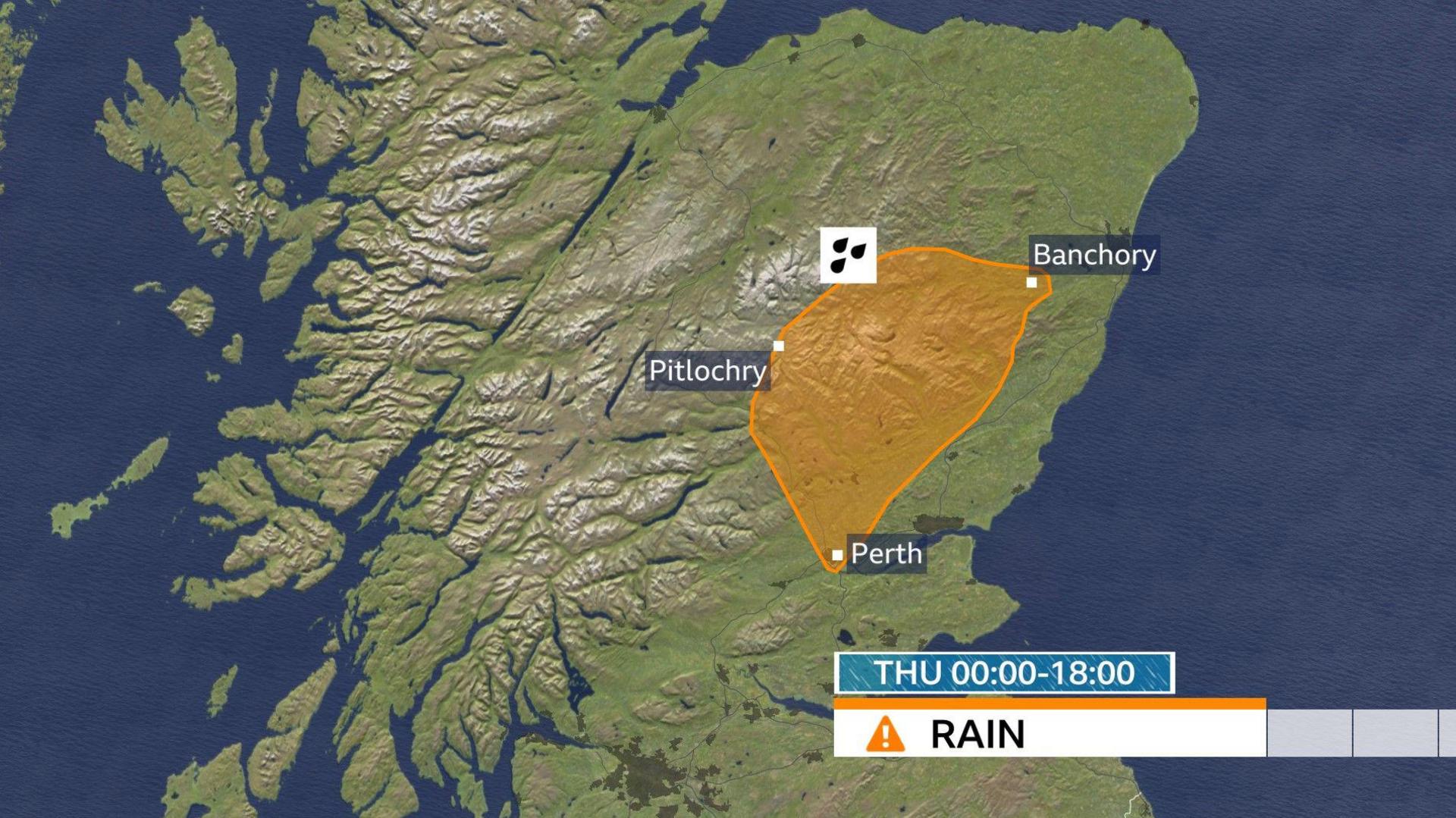 map of Scotland with an amber area shaded around Grampian, Angus, Perth and Kinross associated with an amber warning from the Met Office from 00:00 GMT to 18:00 GMT Thursday.