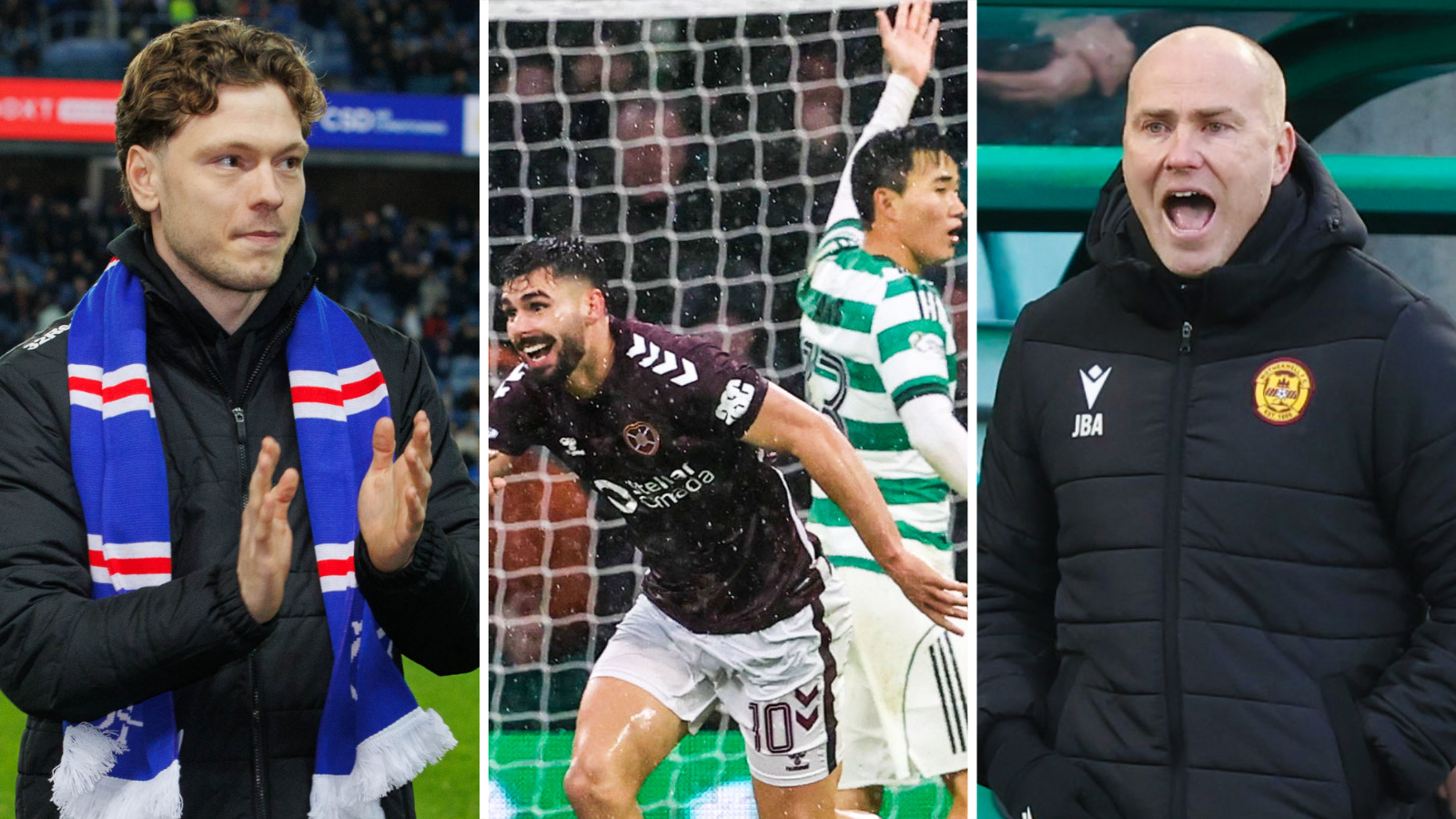 Rangers' Andreas Skov Olsen, Hearts' Claudio Braga, Celtic's Yang Hyun-jun and Motherwell's Jens Berthel Askou
