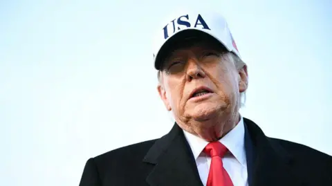 AFP via Getty Images US President Donald Trump speaks to journalists upon returning to Joint Base Andrews in Maryland. He is wearing a white hat with the words USA on it.