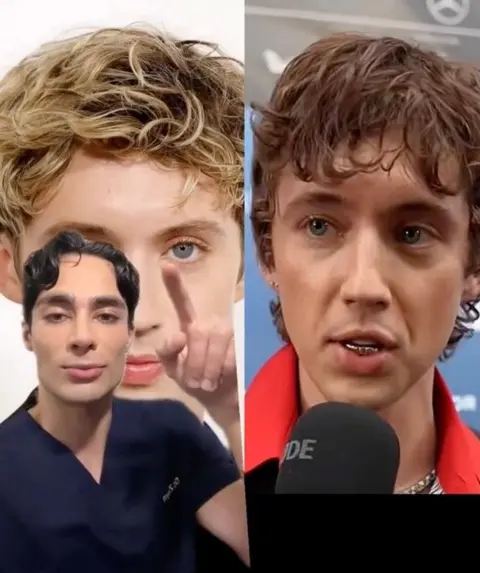 Zayn Khalid Majeed/TikTok A screen shot from Majeed's video shows the doctor super-imposed over a composite image of Troye Sivan, made up of two pictures of the singer. One shows him in a studio environment while the other is taken in a media line on a red carpet.