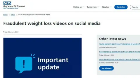 A screen grab of the hospital trust's website saying "Important Update" in big bold letters, and it says "Fraudulent weight loss videos on social media".