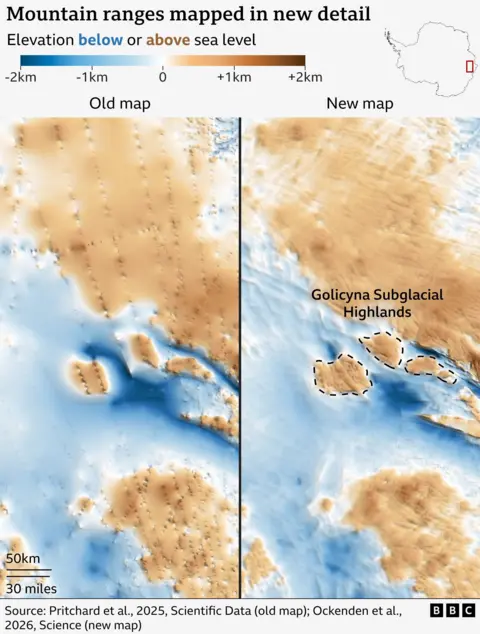 Side-by-side maps comparing an older and a newer map of  a zoomed area in East Antarctica&rsquo;s elevation beneath the ice. Both maps use blue to show areas below sea level and brown to show areas above sea level. The newer map shows much finer detail, clearly revealing features such as the Golicyna Subglacial Highlands that are more difficult to distinguish on the older map.