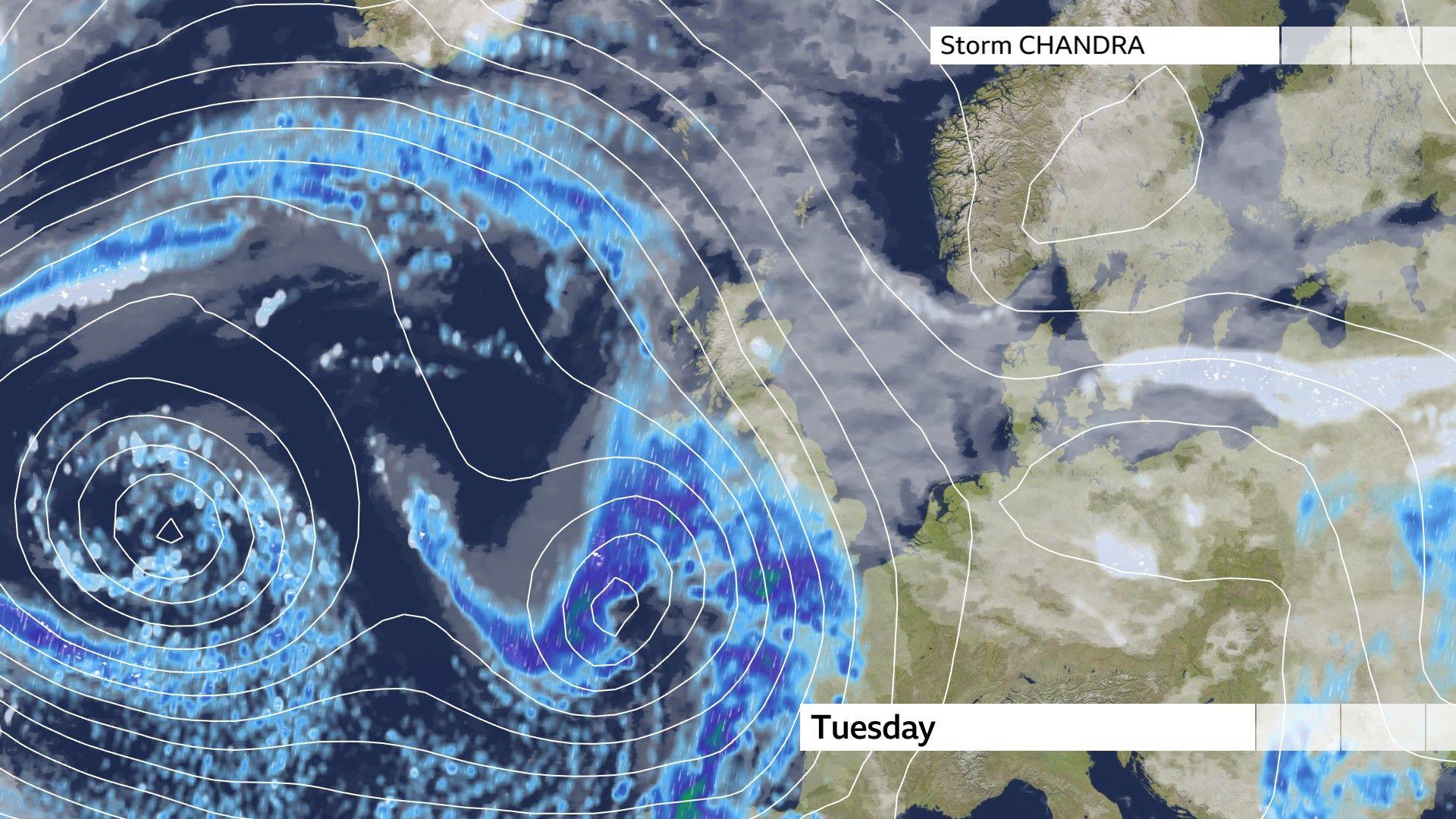 Pressure chart for Tuesday showing the bulls eye low pressure which has been named storm Chandra