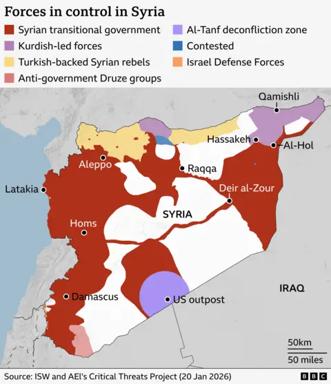 Map showing forces in control of Syria as of 20 January 2026