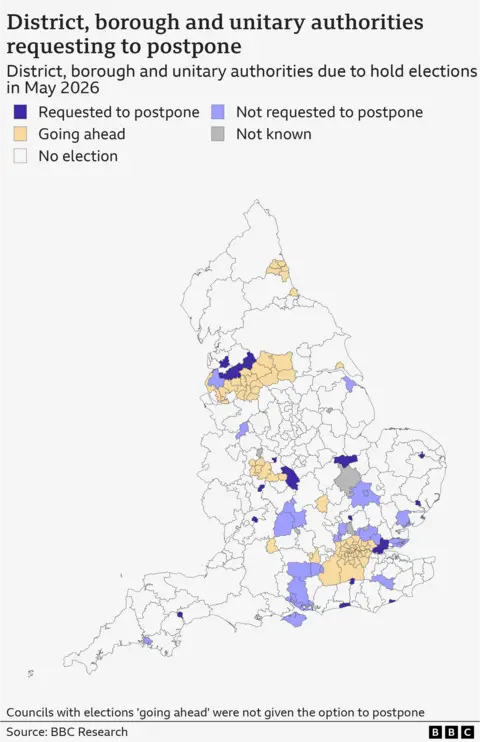 A map of district, borough and unitary authorities in England that have requested to postpone their elections in May 2026. The map also includes those who turned down the opportunity and those areas where elections are going ahead as normal. There are 22 authorities at this level that are requesting to postpone,  29 that have not requested to postpone and 72 that weren&rsquo;t given the option to postpone and elections are going ahead as normal.