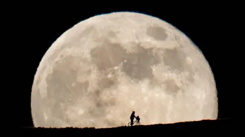 Michael Meighan Silhouette of boyish character in an anorak straddling a stationary BMX bike with an object in its front basket on a mountainside framed by the full Moon behind