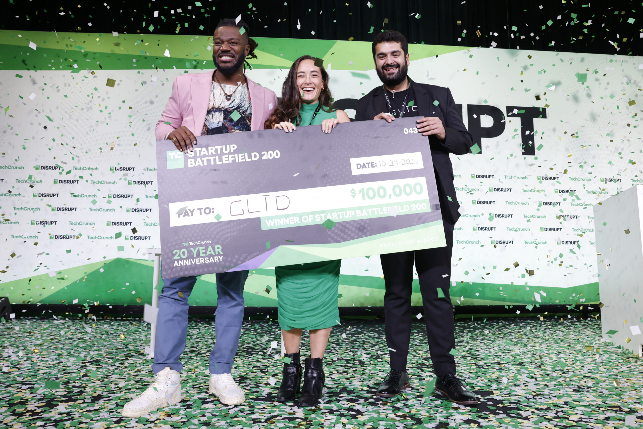 Kevin A. Damoa, Founder & CEO, Glīd, Claire Kroft and Ankit Malhotra, winners of the Startup Battlefield 2025, pose onstage during day three of TechCrunch Disrupt 2025 at Moscone Center on October 29, 2025 in San Francisco, California.