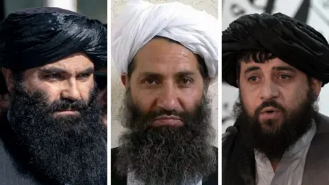 Javid Ashna / Middle East Images / AFP via Getty Images Composite image shows headshots of three members of the Taliban - on the left, Taliban Interior Minister Sirajuddin Haqqani, in the centre is Afghan leader Hibatullah Akhundzada and on the right is Acting Defence Minister of Afghanistan Mohammad Yaqoob Mujahid.