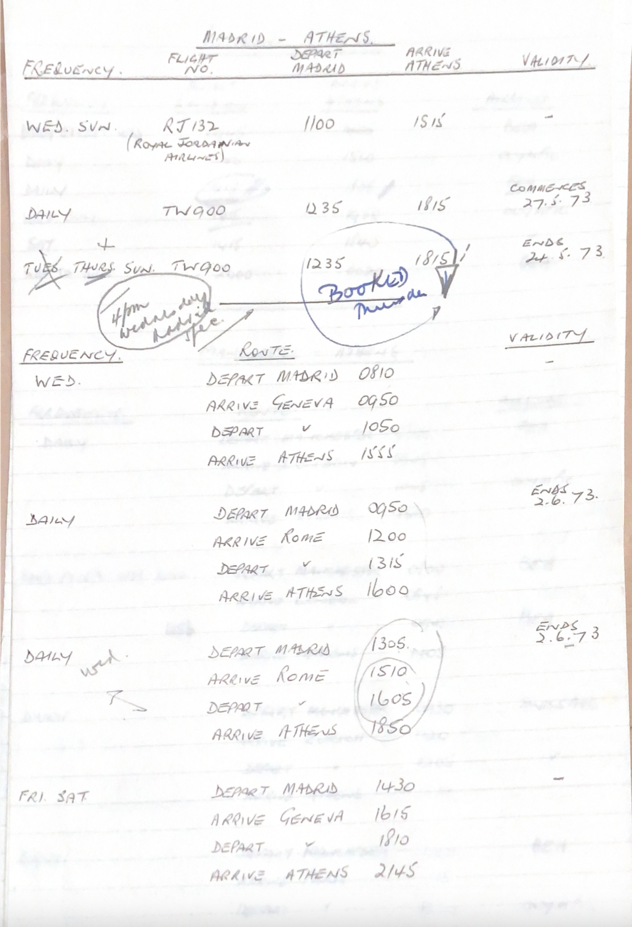 Notebook showing planned flights