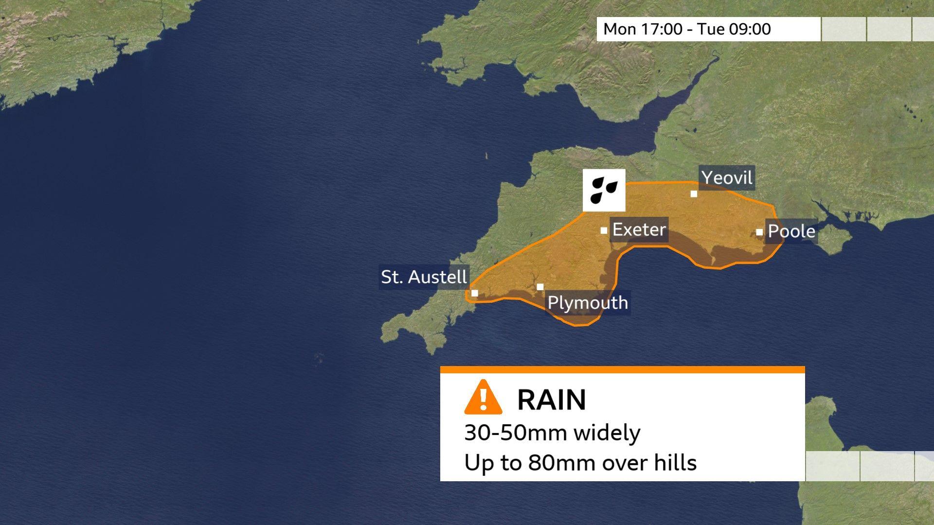 Map of southwest England showing the Met Office amber warning area