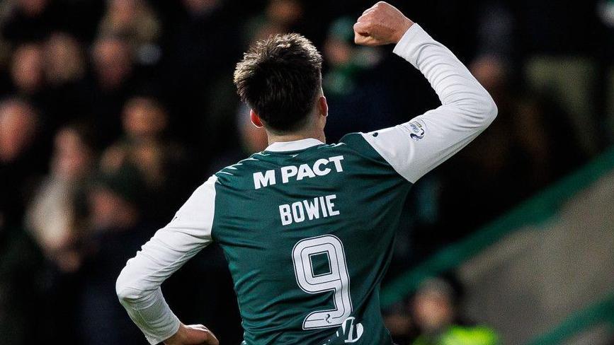 Hibs striker Kieron Bowie celebrates