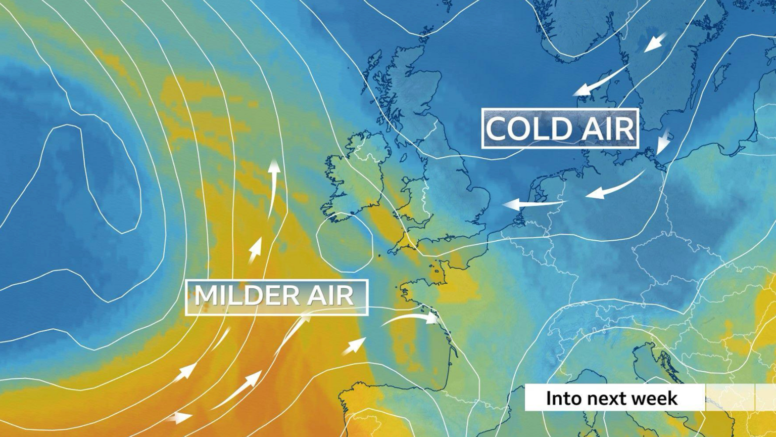 Map of the UK and western Europe with blue and orange colours showing the airmass.  Colder air - and blue colours from northern Europe extend into the UK