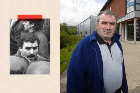 Pacemaker Press/ PA Two images of Freddie Scappaticci, who is widely believed to be the IRA agent known as Stakeknife. One of him pictured at the 1987 funeral of IRA man Larry Marley and the other outside the offices of the Andersonstown.