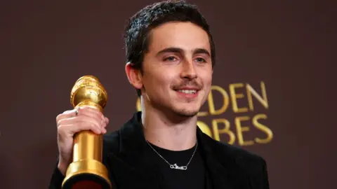 Getty Images Timoth&eacute;e Chalamet wins the Golden Globe for male actor in a musical or comedy film for "Marty Supreme" at the 83rd Annual Golden Globes held at The Beverly Hilton on January 11, 2026 in Beverly Hills, California.
