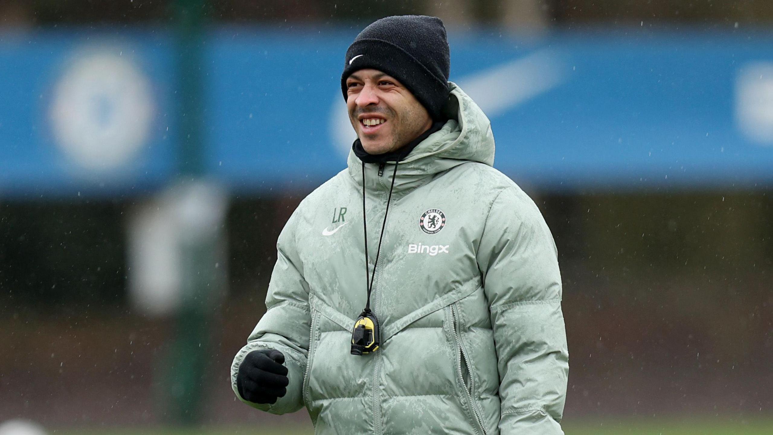 Liam Rosenior in Chelsea training wearing a club coat