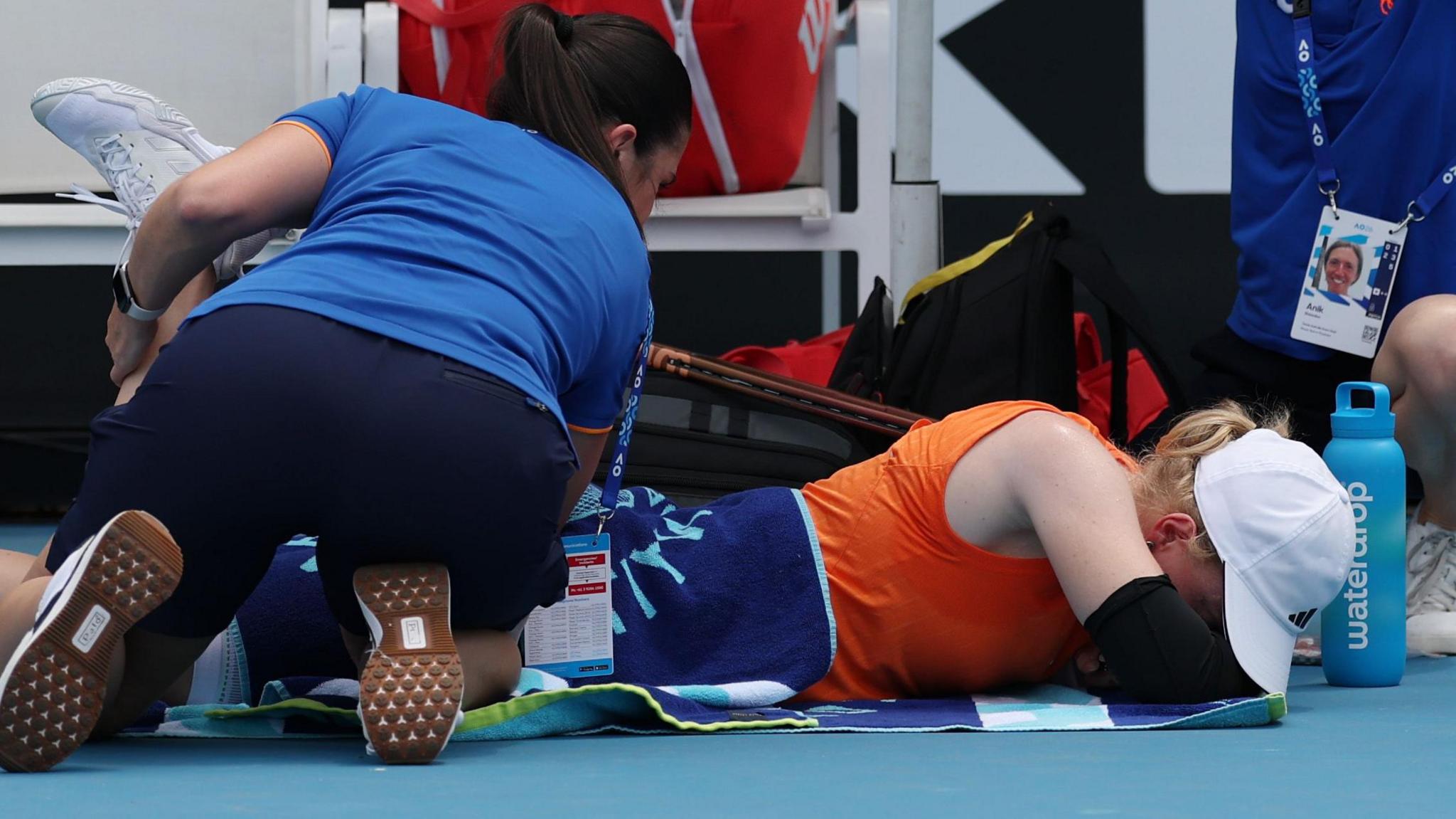 Francesca Jones receives treatment on court at the Australian Open