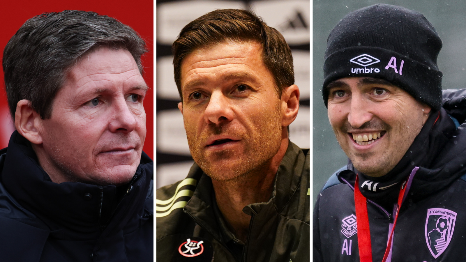 Split picture of Oliver Glasner, Xabi Alonso and Andoni Iraola