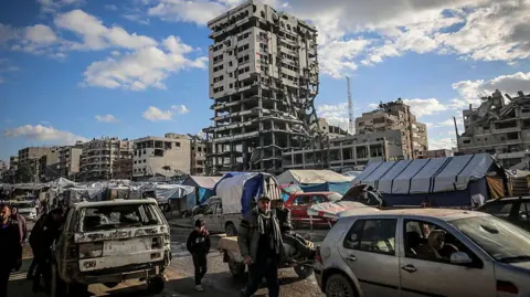 Getty Images A view of the Bank of Palestine building, located in the Al-Rimal neighborhood of Gaza City and heavily damaged during the war between Hamas and Israel.