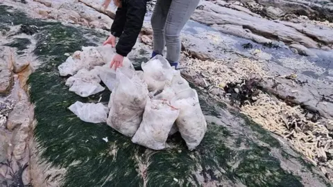 Joel Bonnici A woman clearing up plastic bags on a beach. There are also chips scattered all over the rocks.