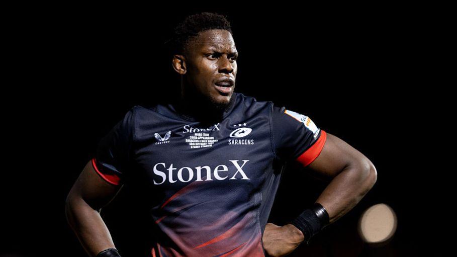 Saracens lock Maro Itoje looks on