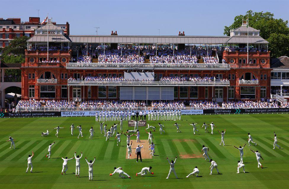 A layered photograph shows India players in multiple poses as they control the opening morning's play of the Third Test Match against England. Photo taken at the historic Lord’s pavilion.