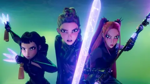 Netflix The three female animated stars from the pop group Huntr/x of KPop Demon Hunters
