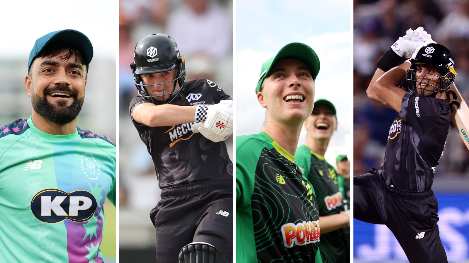 A split image graphic of Rashid Khan, Melie Kerr, Freya Kemp and Rachin Ravindra