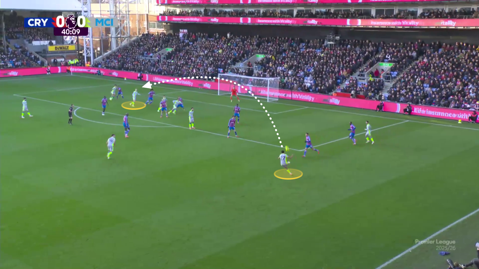 Screengrab of Nunes' curling cross to the back post which Haaland met to score against Crystal Palace this season