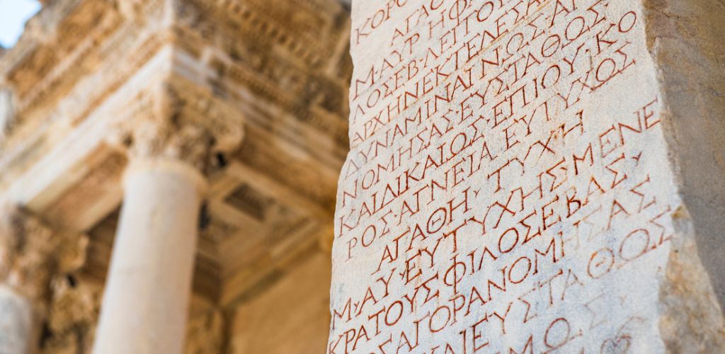 A close-up of ancient Greek text from Ephesus, Turkey.