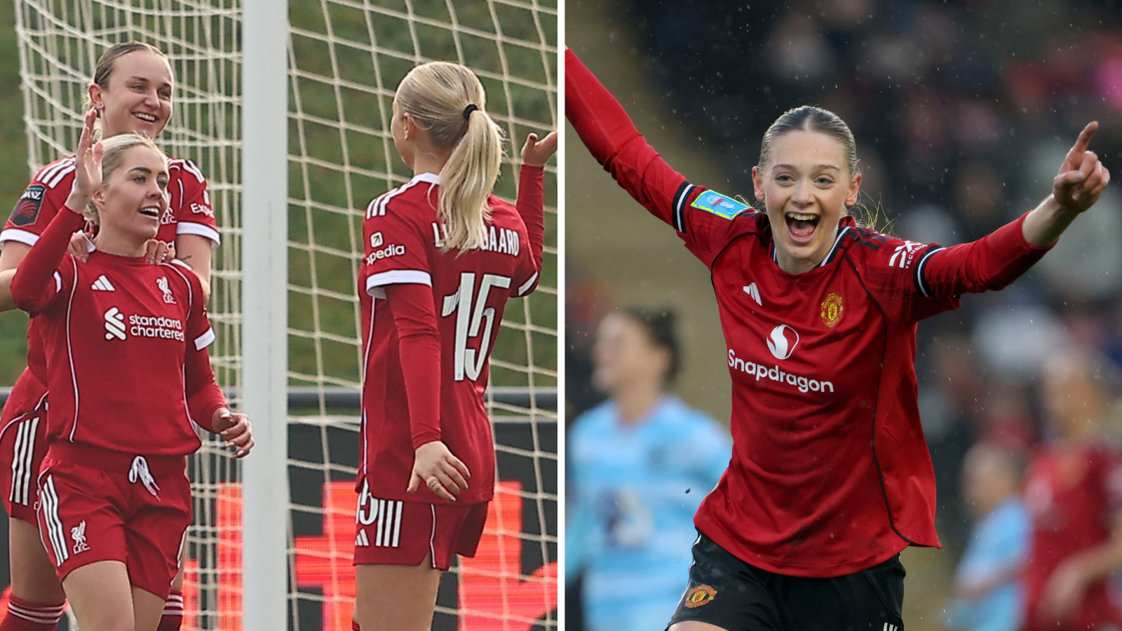 A composite image of Denise O'Sullivan celebrating her goal for Liverpool v London Bees as Layla Drury celebrates netting for Man Utd v Burnley