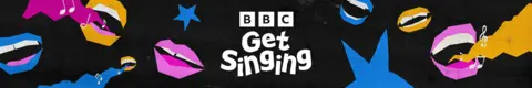 Illustration for BBC Get Singing showing the BBC logo above the words Get Singing on a black background. Bright, graphic mouths in pink, blue and yellow surround the text, some open as if singing, with floating musical notes and stars.