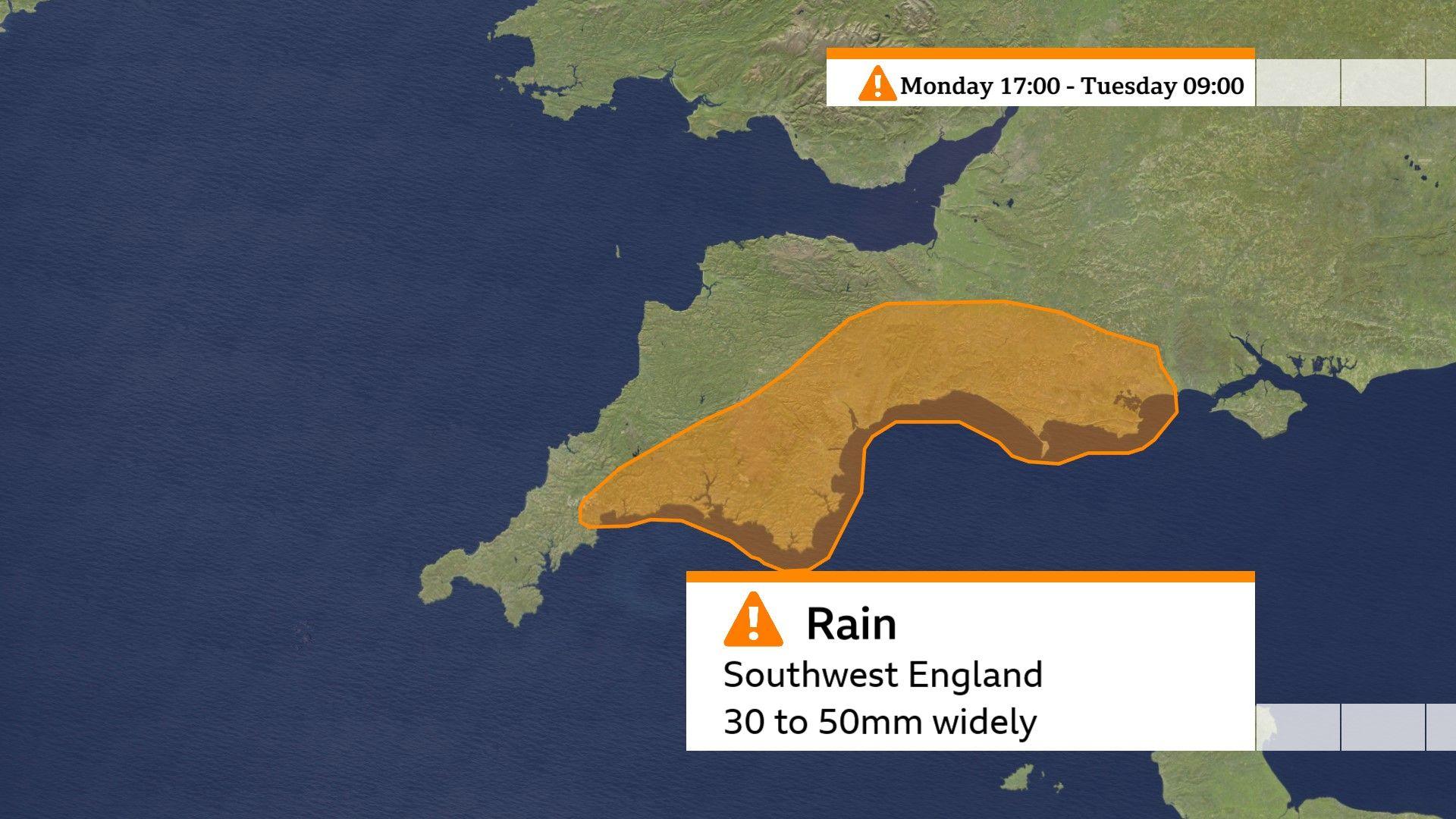 Map of southwest England showing the Met Office amber warning area