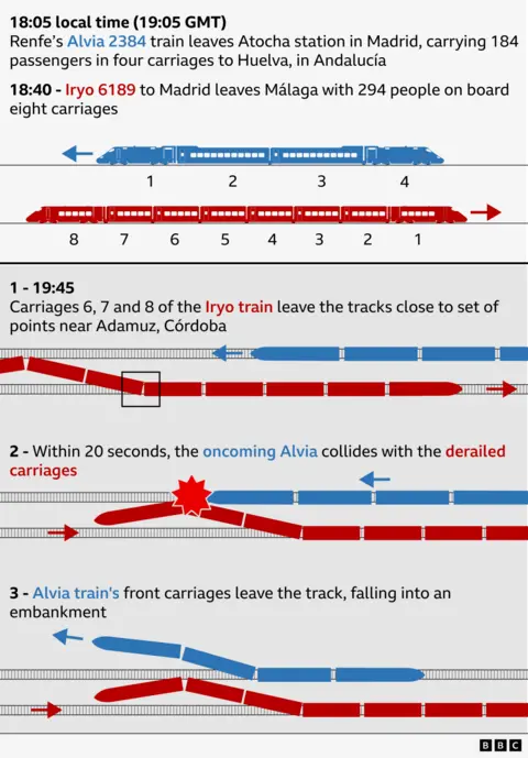Graphic showing how the train crash happened in Spain in three stages. The image shows the Renfe train is four carriages long and the Irya train is eight carriages long. Text says that at 18:05 local time (19:05 GMT), Renfe&rsquo;s Alvia 2384 train (shown in blue) leaves Atocha station in Madrid, carrying 184 passengers in four carriages to Huelva, in Andaluc&iacute;a. At 18:40, Iryo 6189 to Madrid (shown in red) leaves M&aacute;laga with 294 people on board eight carriages. At 19:45, carriages 6, 7 and 8 of the Iryo train leave the tracks close to set of points near Admuz, C&oacute;rdoba. Within 20 seconds, the oncoming Alvia collides with the derailed carriages. The Alvia train's front carriages leave the track, falling into an embankment.
