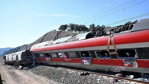 Carlos Alvarez/Getty Images  General view of the overturned Iryo train on the railroad tracks in Adamuz on January 20, 2026 after a train collision in Adamuz, Spain.