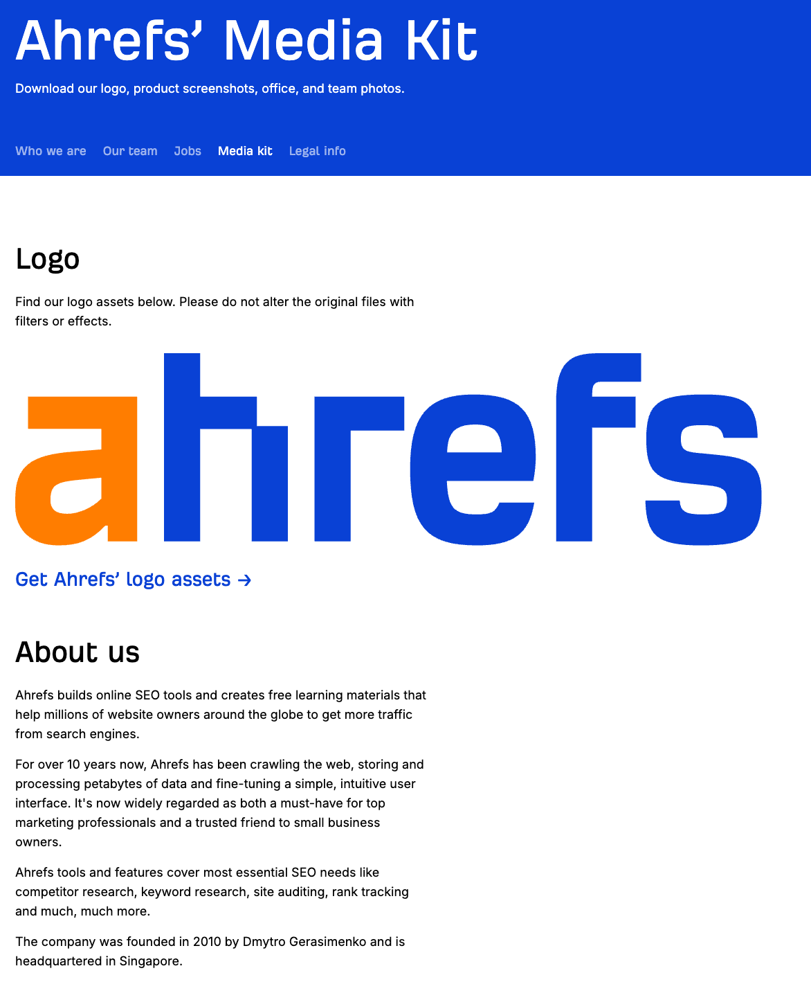 Ahrefs' media kit containing a logo and "About Us" blurb.